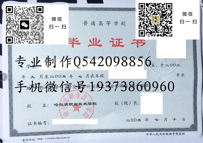 哈尔滨职业技术学院毕业证样本2005年全日制大专毕业证图片