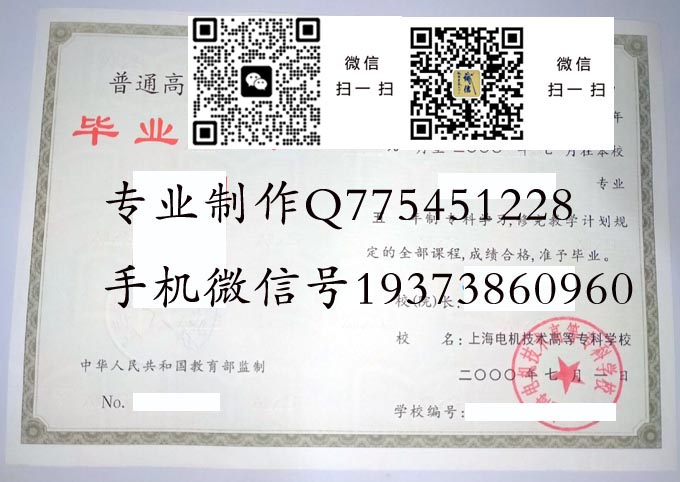 上海电机技术高等专科学校毕业证样本2000年全日制大专毕业证模版图片